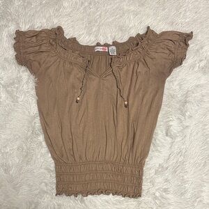 Y2K Body Central Tan Ruched Off-Shoulder Blouse